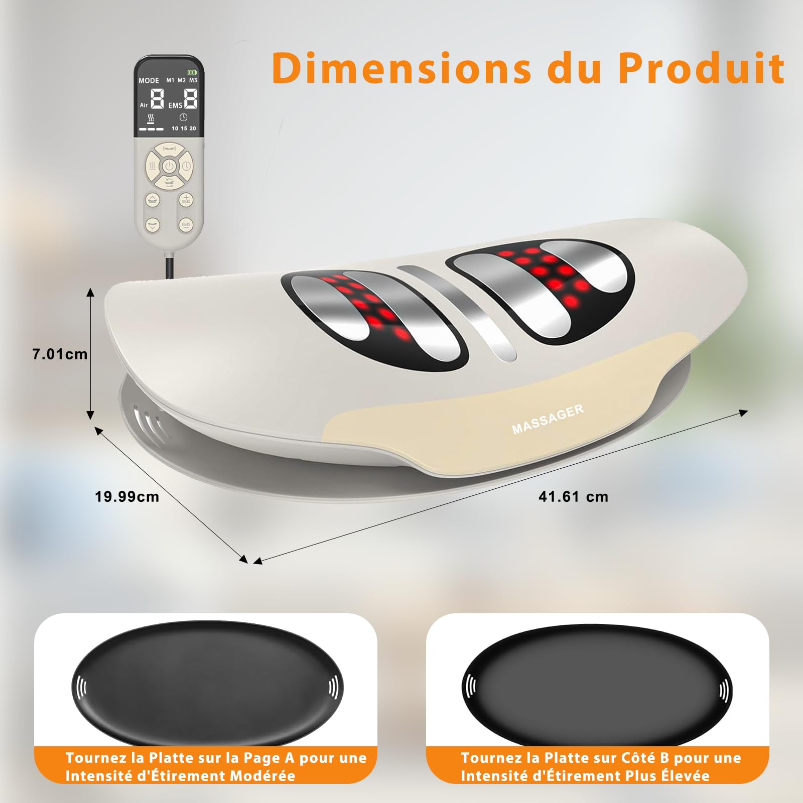4 en 1 Appareil de Massage Lombaire électrique, 3 Niveaux Appareil de Massage Dorsal Sans Fil avec Traction 26°par Airbag, Compresse Chaude, Electrothérapie EMS à 8 Niveaux, par Vibrations