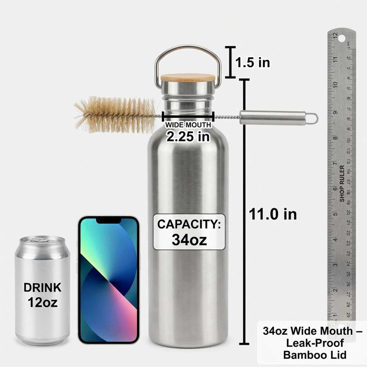 Stainless Steel Sports Water Bottles, 4 Pack 34oz Single Wall Metal Bottle, Leak-Proof 304 Stainless Steel Canteen with Bamboo Lids and Handle, for Outdoors, Hiking, Gym and Travel