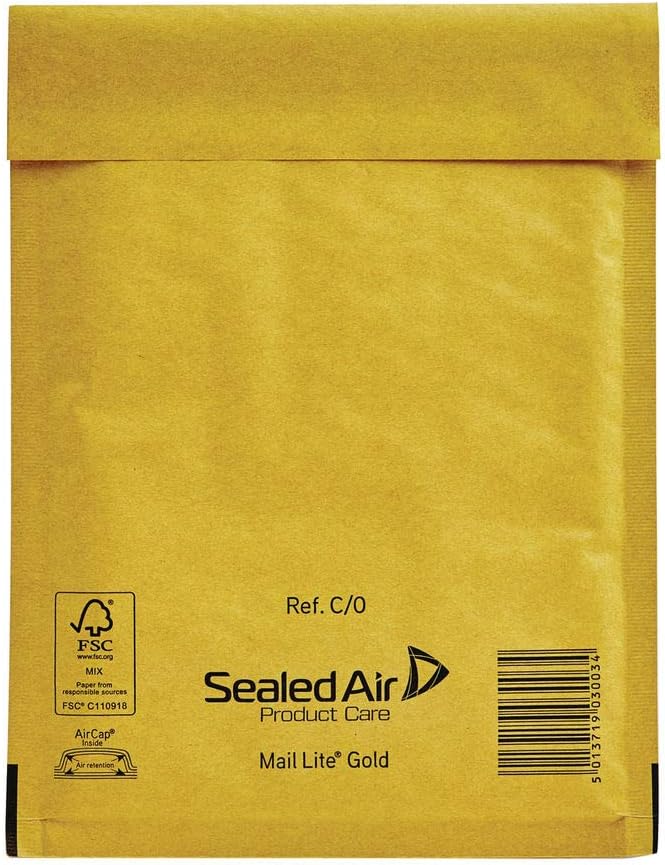 100 Small C/0 Size Mail Lite Gold Padded Envelopes Mailers - Peel + Seal Bubble Bags - 150 x 210mm / 6 x 8.25" Sealed Air Postal Packing Mailing Shipping Postage Posting Self Seal Cushioned Protective Packaging