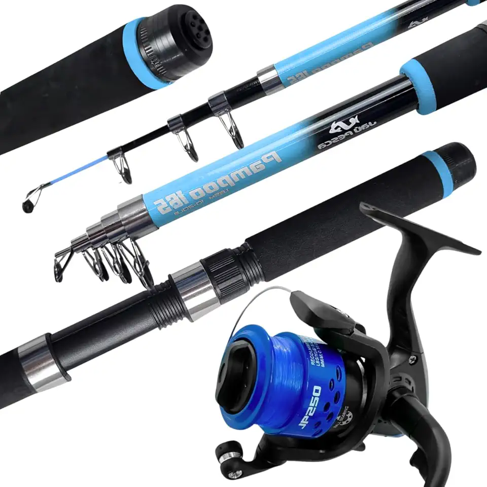 JP Pampoo Kit Vara Telescópica de Pesca, 1,65m, com Molinete JP250, 3 Cores Disponíveis