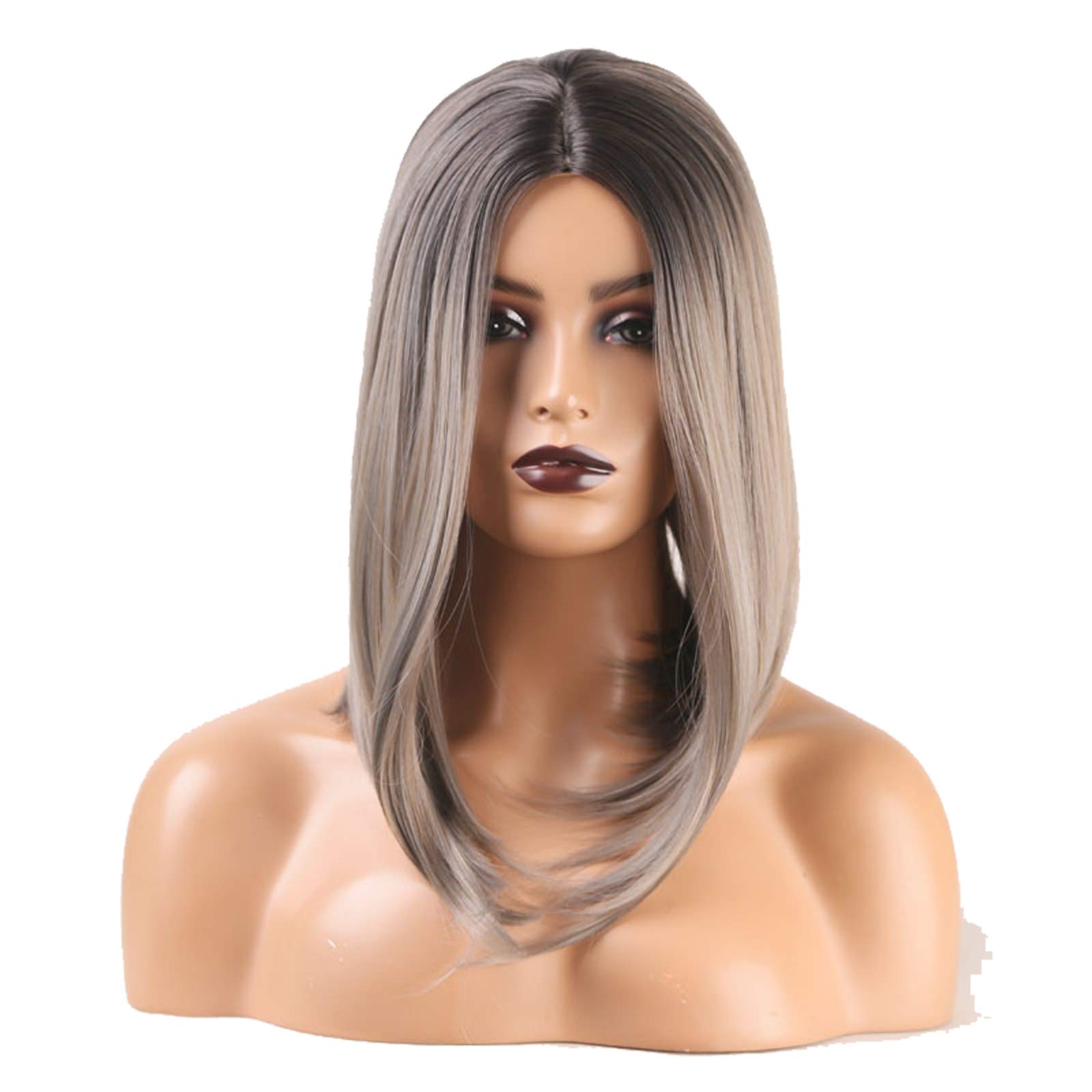 12" Ombre Gray with Dark Roots Straight Short Bob Wigs with Bangs for women girls Shoulder Length Heat Synthetic Resistant Soft Synthetic Costume Wigs for Cosplay Party Daily Use (Ombre Gray)