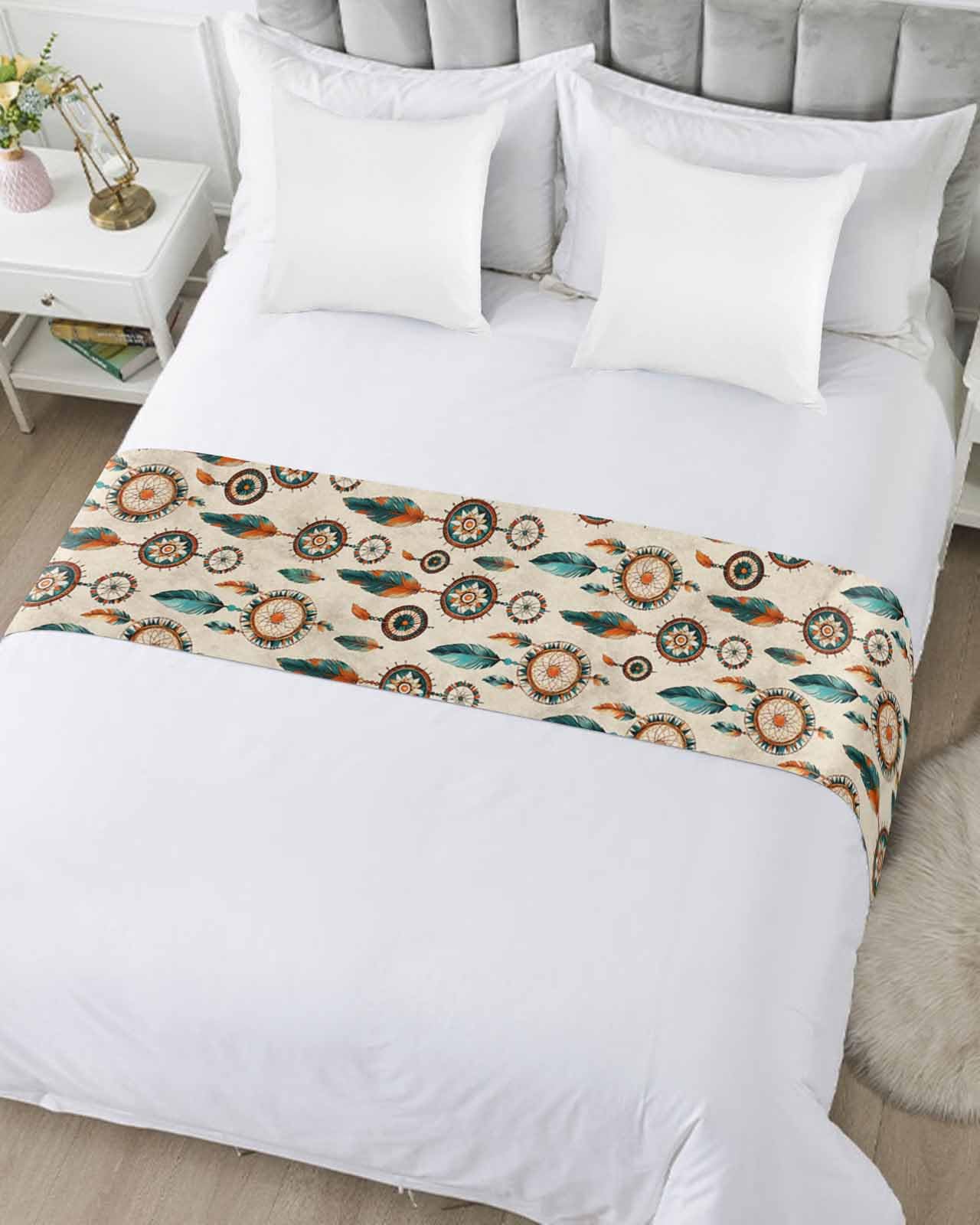 Queen Bed Runner Tribal Native American Indian on Retro Bedding Runner Scarves Decorative Bed Scarf, Ancient Pattern Soft Bed Runners for Bedroom Hotel Wedding 94x20IN