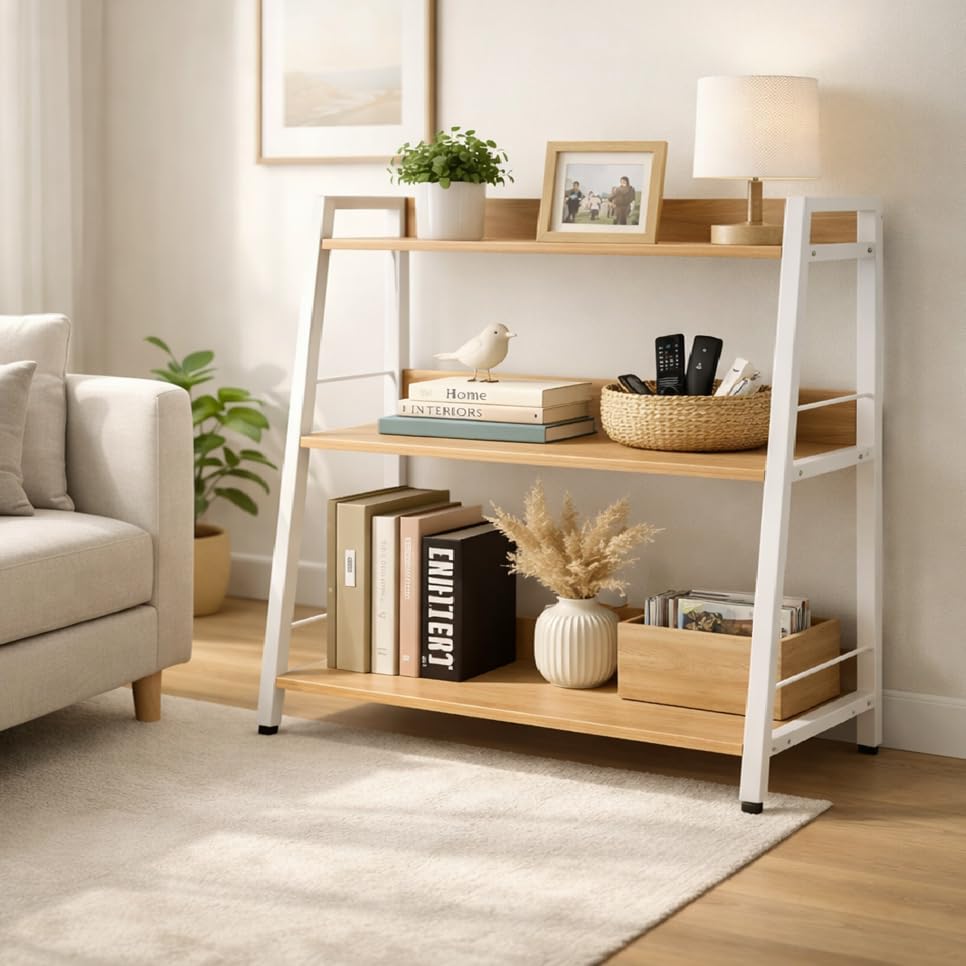 Image of Ladder Shelf, 3 Tier Bookshelf, Small Bookshelf for Small Spaces, Wood and Metal Bookcase, Ladder Bookshelf, Modern Storage Shelf for Living Room and Office (White, Ladder)