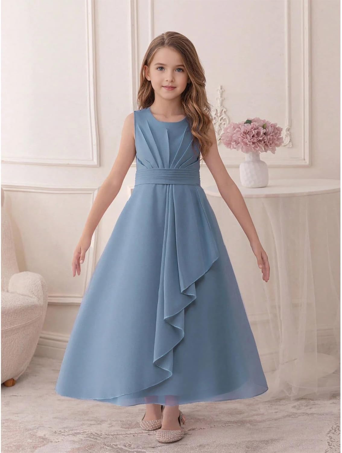 Junior Bridesmaid Dresses for Teen Girls Silk Chiffon Flower Girl Dress Birthday Party Gown with Bow