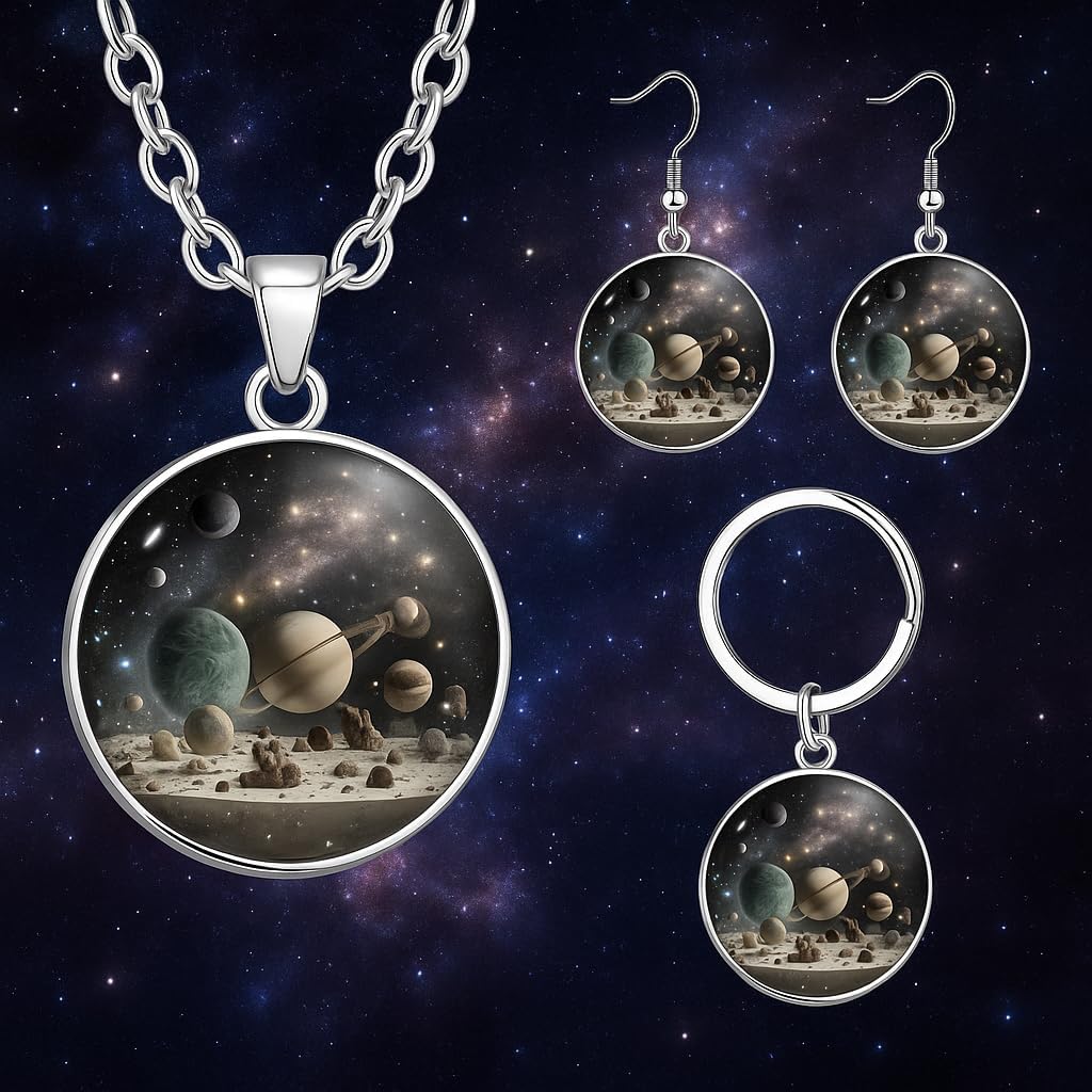 SUPAC Galaxy Space Jewelry Set, Solar System Pendant Necklace with Earrings and Keychain - Solar System Jewelry Gift