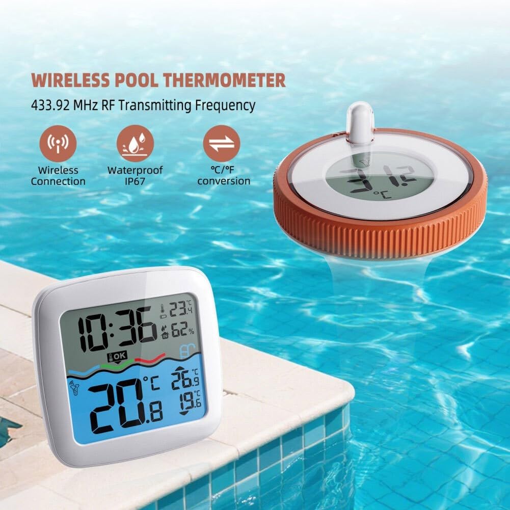Thermomètre flottant sans fil IP67 - Moniteur numérique de température et d'humidité pour piscines, spas, aquariums, saunas et utilisation en intérieur