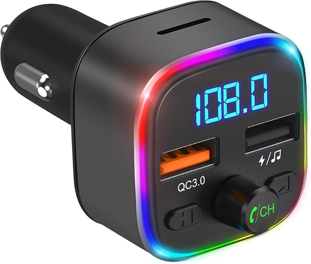 FM Transmitter Car, ORIA Bluetooth 5.0 Wireless Radio Adapter, Universal Car Charger with QC3.0 Quick Charging, 6 RGB Colors Light, MP3 Player Car Charger Support Hands-free Calling, USB Drive/TF Card