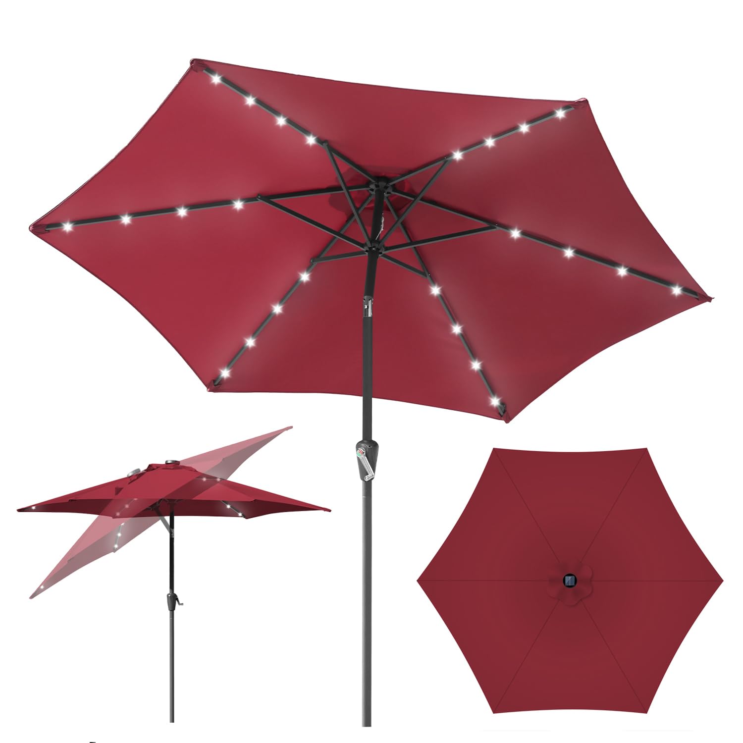 Fiqops Zonnescherm met led, zonne-energie, 350 cm, met zwengel, aluminium zweefparasol met standaard, tuinscherm, zonwering met uv-bescherming, aluminium, zwengelparasol, waterdicht, voor tuin, Rood