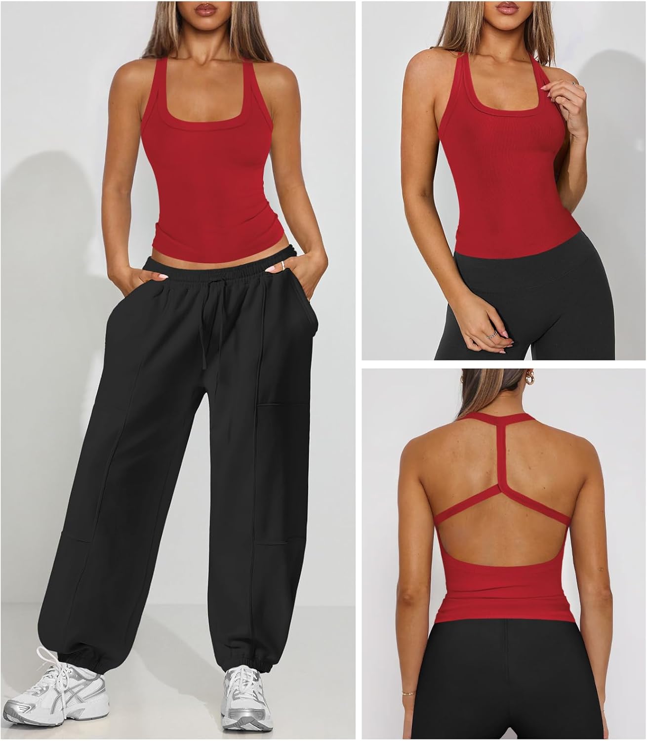 Halter Workout Tops for Women Racerback Ribbed Fitted Tank Tops Scoop Neck Split-Back Shirts for Yoga Athletic Sport - Image 3