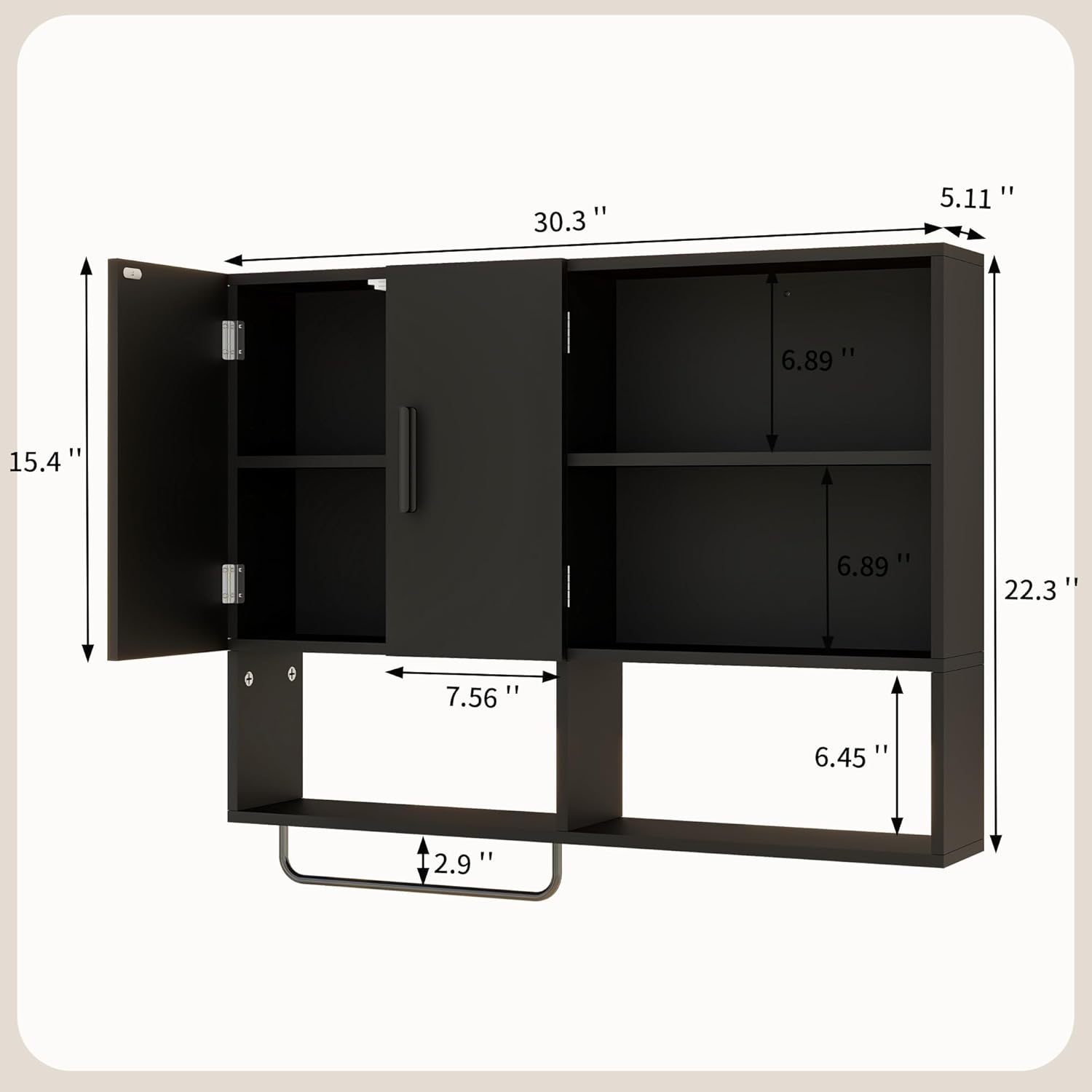 Medicine Cabinet, Wooden Bathroom Wall Cabinet with 2 Doors, Adjustable Shelves & Towel Bar, Over Toilet Storage Cabinet Wall Mounted for Kitchen & Laundry, Black