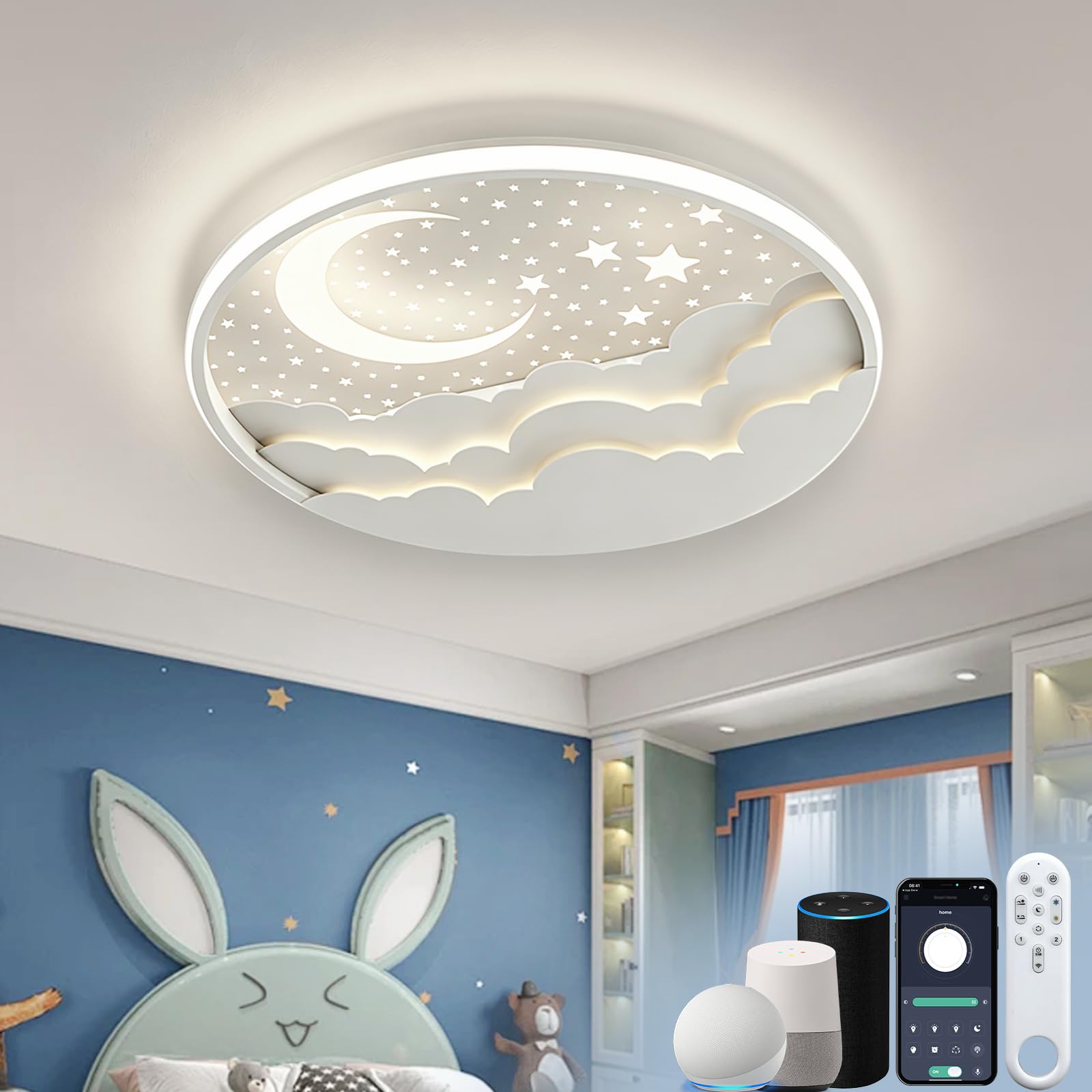AHXIAOZN Plafoniera per Bambini LED Compatibile con Alexa, Moderna Stella Luna Lampadario, Lampada da Soffitto Bambini LED Dimmerabile con Telecomando per Ragazzi Ragazze Cameretta