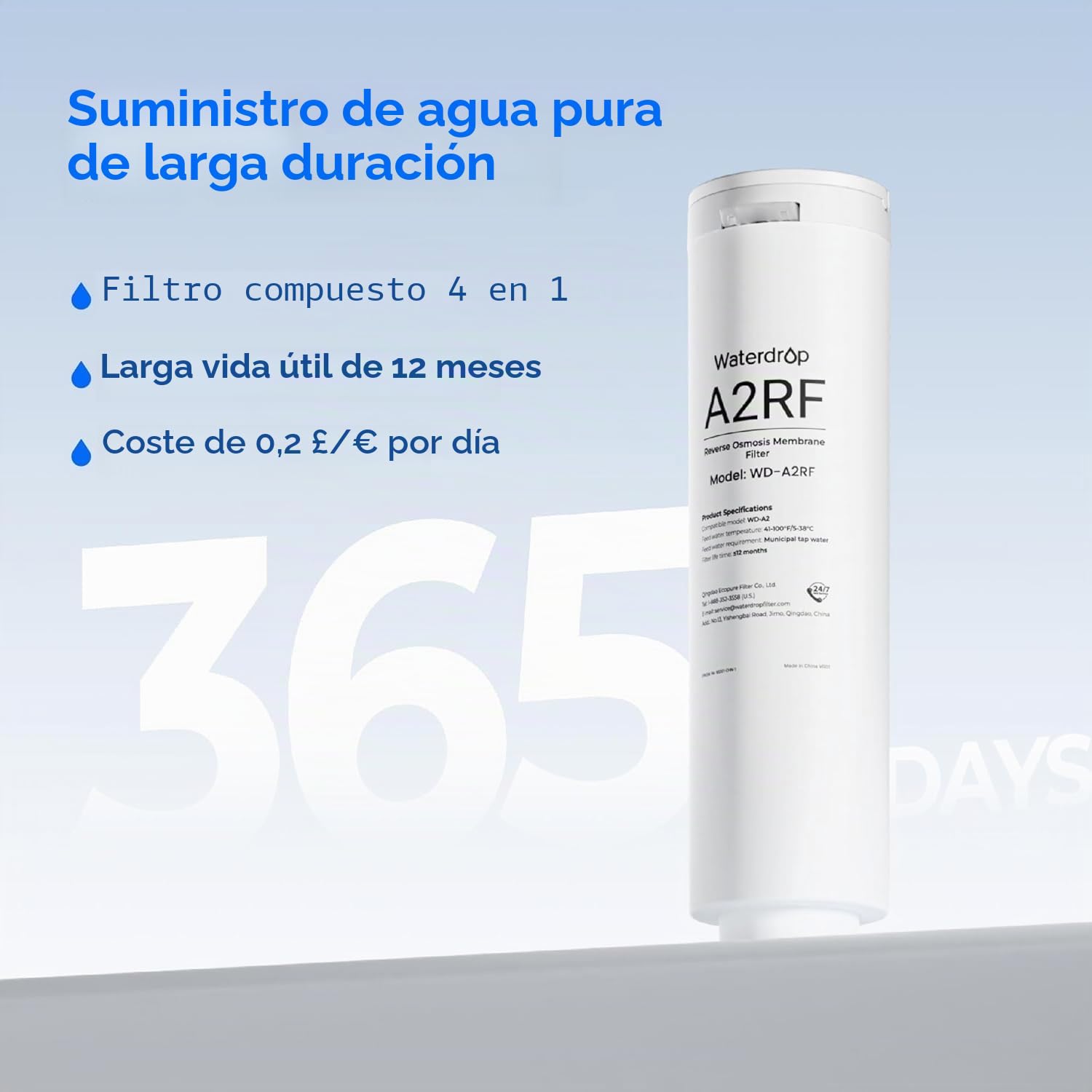 Waterdrop WD-A2RF Filtro, Recambio para el Sistema de Ósmosis Inversa de Encimera WD-A2, 12 Meses de Vida Útil