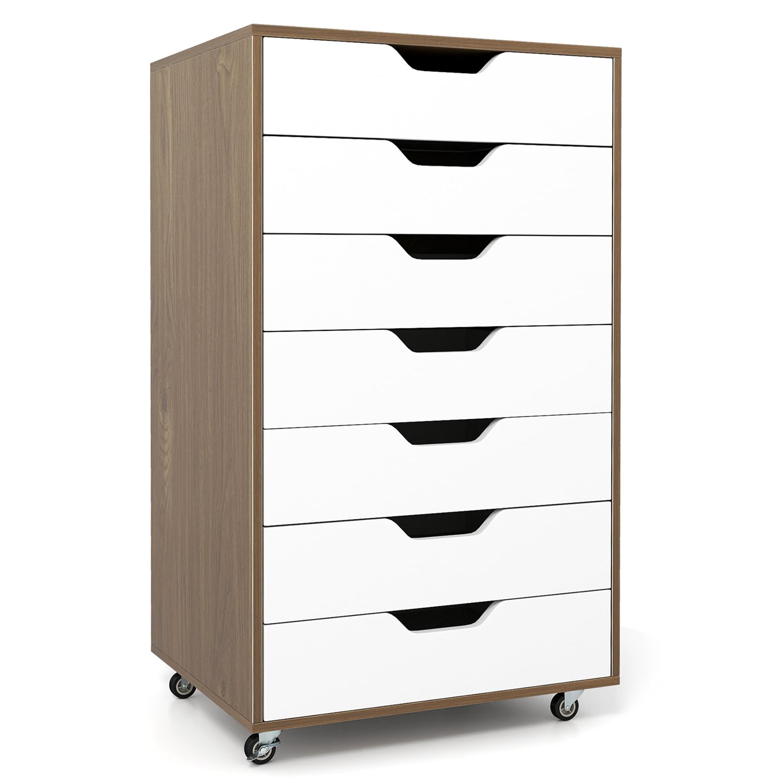 FANTASK Rollcontainer mit 7 Schubladen, Büroschrank Holz auf Rollen, mobiler Aktenschrank, Schubladenschrank für Zuhause Büro (Natur)