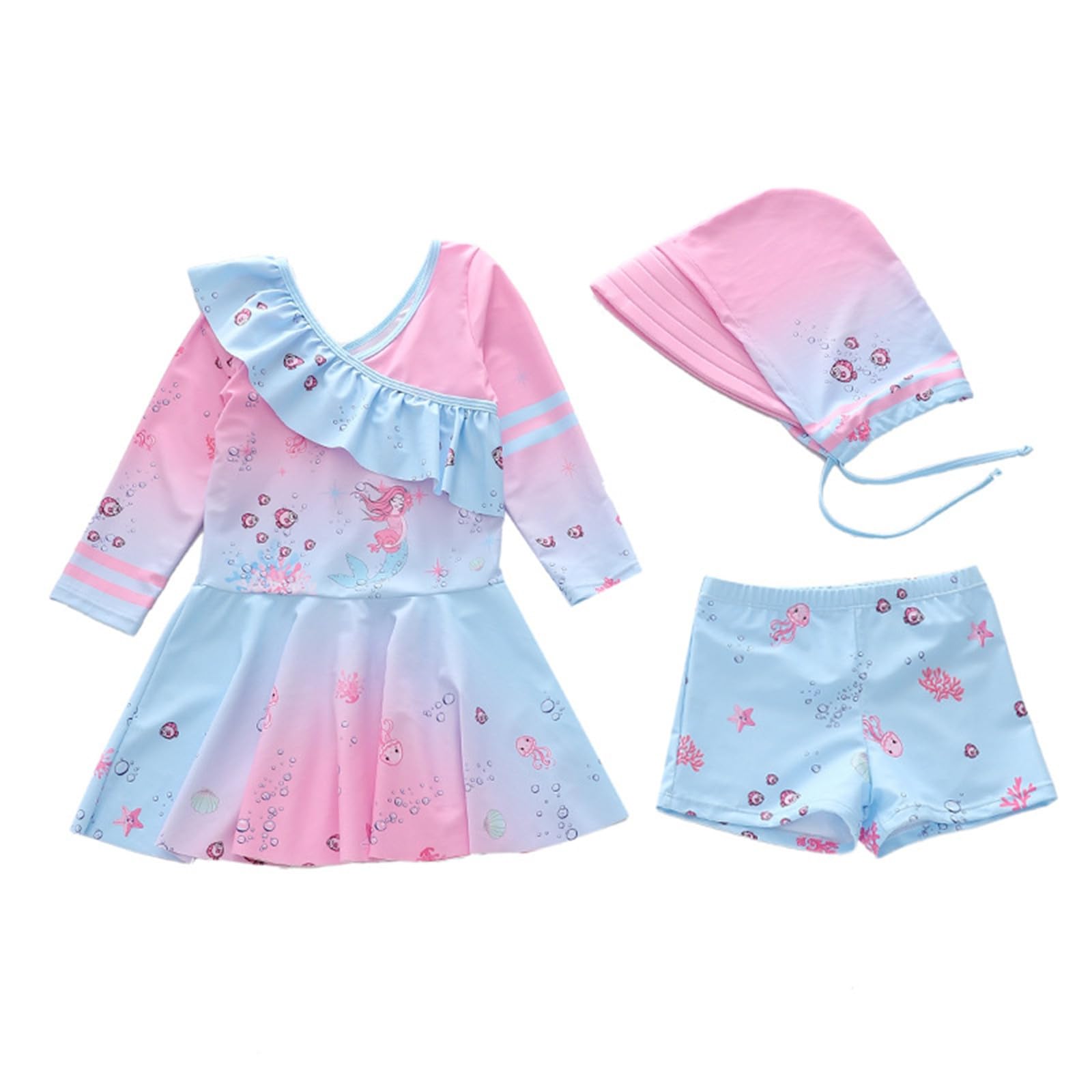Traje de baño de verano para niños y niñas, de dos piezas, con falda y gorro de baño a juego, bonito tankini con volantes para niños mayores, adolescentes y jóvenes