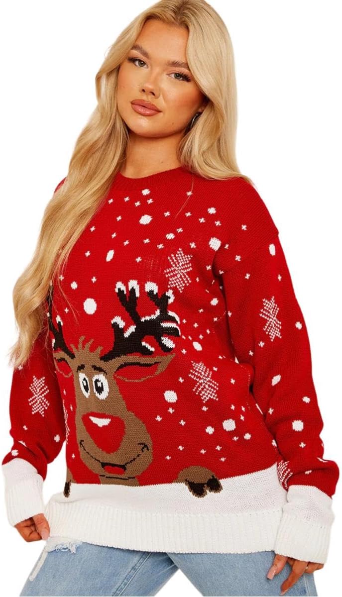 Womens Mens Reindeer Print Christmas Knitted Jumper Unisex Retro Sweater Top