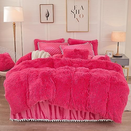Image of LIFEREVO Luxury Plush Shaggy Duvet Cover Set, Soft Velvet Fluffy Duvet Cover Furry Bedding Comforter Set(1 Faux Fur Fuzzy Duvet Cover + 1 Pompoms Pillow Case), Zipper Closure(Twin /Twin XL, Hot Pink)