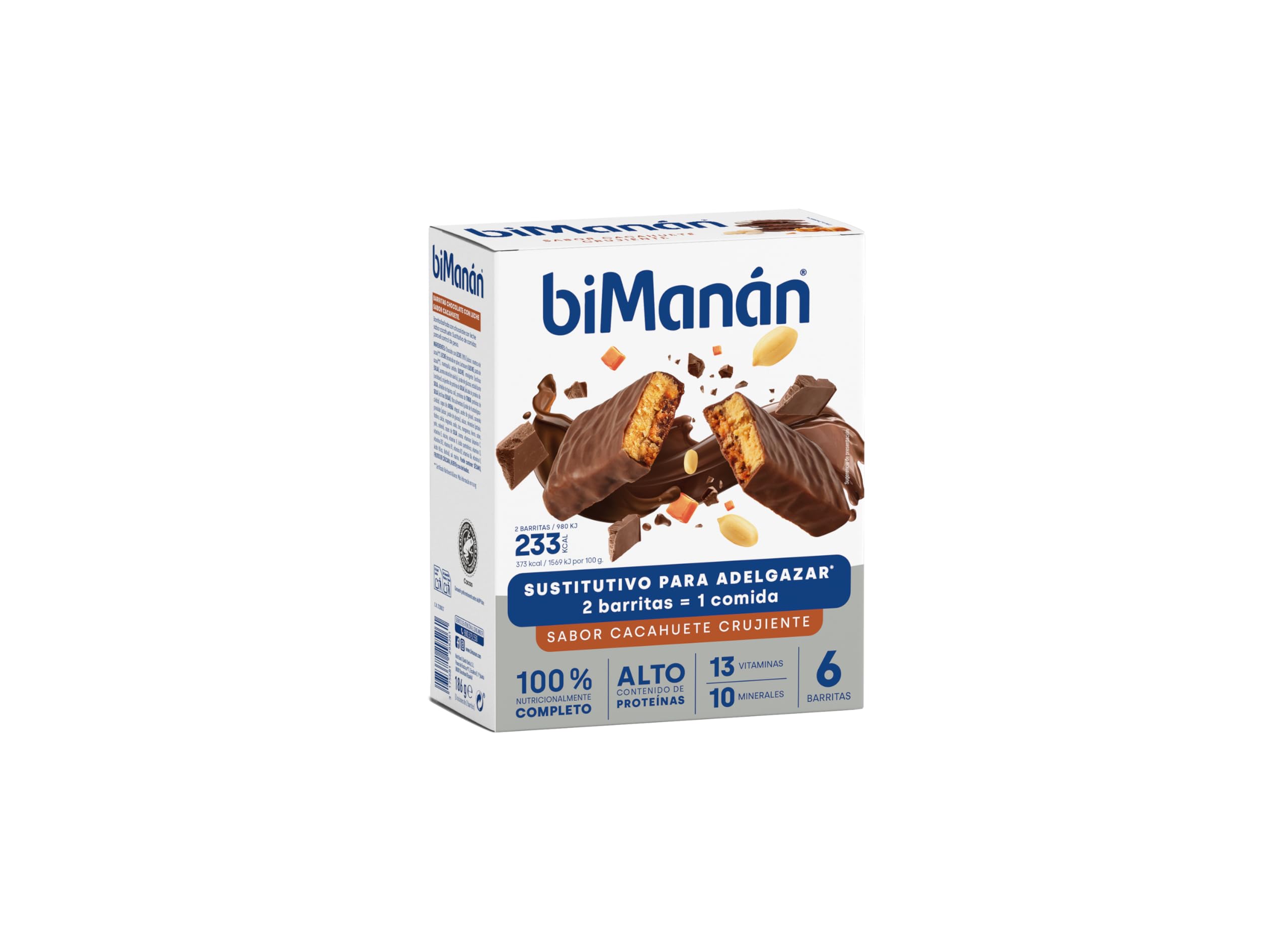 BIMANÁN BeSlim Barritas Sustitutivas Cacahuete Crujiente- 2 Barritas Equivalen a una Comida - Dieta Baja en Calorías - Productos para Adelgazar - Caja de 6 Unidades