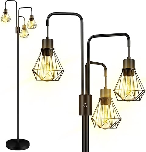 BoostArea Lámpara de pie industrial, pantalla de diamante de metal, moderna lámpara de pie con 3 luces, bombillas no incluidas, lámpara de pie de