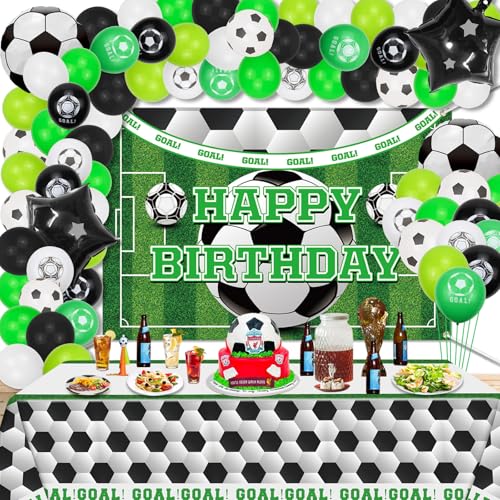 Acessórios para festas de futebol, fundo e balões, jogo de grinaldas – fundo de futebol e toalhas de mesa, 80 balões de látex para balões, arco para decorações de festa de aniversário infantis
