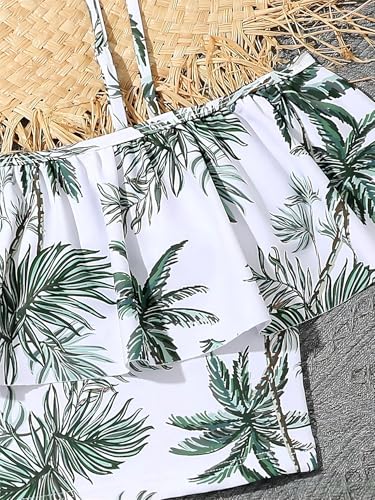 Image of Girl's 2 Piece Set Coconut Tree Print Ruffle Hem Bikini Sets Bathing Suit Green 150