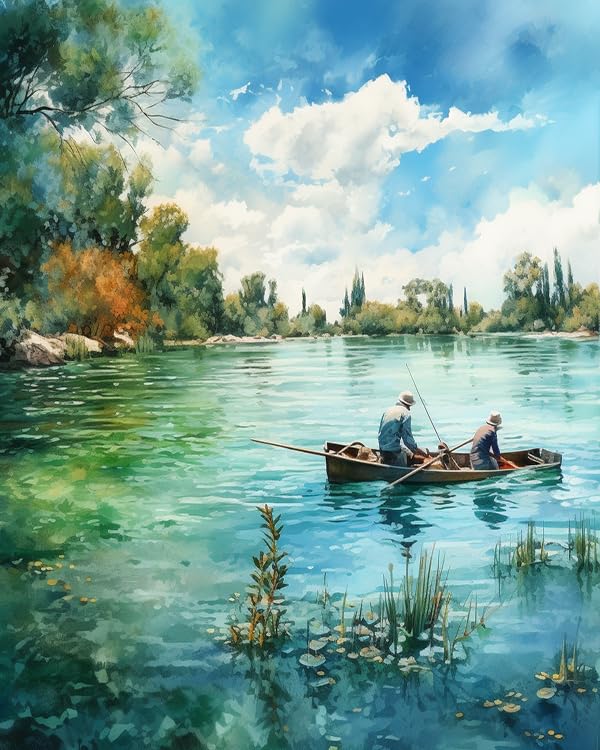 ZMHZMY Digital Painting DIY Frameless Paint by Number Kit Landscape,Fishermen on A Blue-Green Lake Paint by Numbers for Adults DIY Oil Painting Art Decor Kits,40x50cm,Without Frame