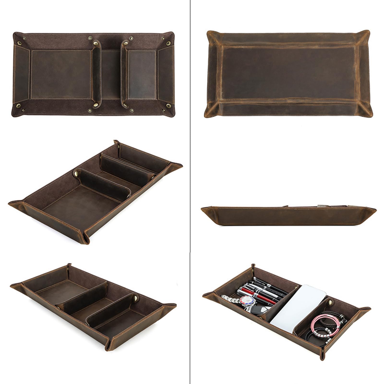 Daily Essentials, vassoio organizer in pelle marrone caffè, 40 x 22 x 4,5 cm, vassoio da tavolo per scrivania, ingresso, comò e tavolino portaoggetti in pelle, organizer da scrivania da tavolo, da