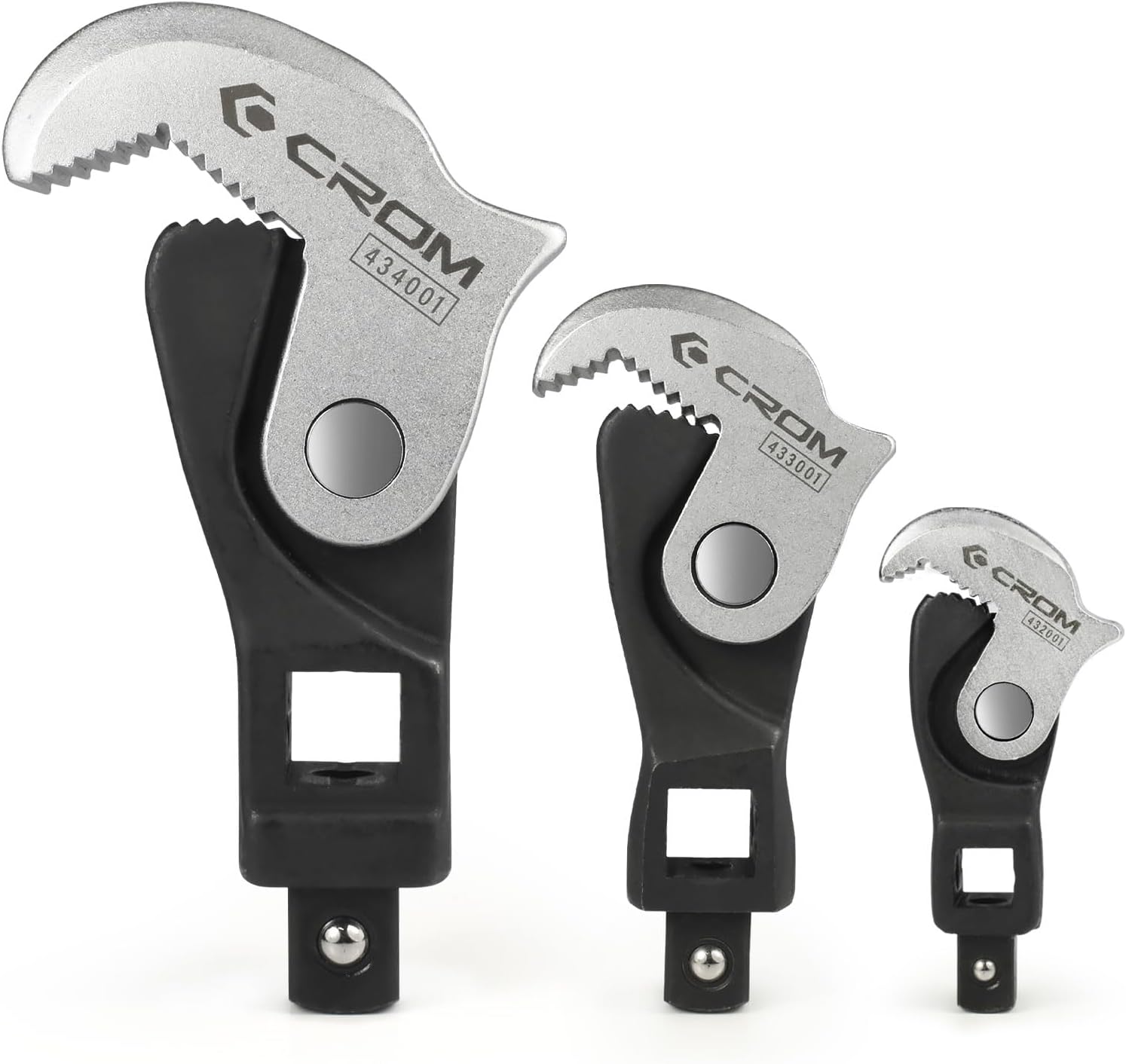 CROM Adjustable Crowfoot Wrench Set - 3 Piece Spring Loaded Crows Foot Wrench with 5 to 32mm (3/16 to 1-1/4 Inch) Coverage โ Male & Female Square Drives Work with Ratchet, Breaker Bar, Extension Bar