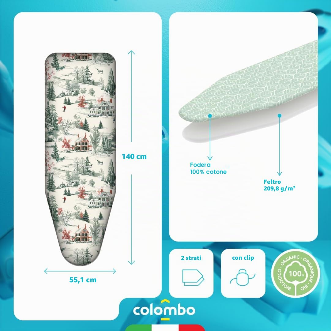 Colombo | Copri Asse da Stiro Winter Alps 140x55cm con Clip Fermanodo | Foderina di Ricambio Due Strati con Clip Fermanodo per Asse da Stiro | Made in Italy