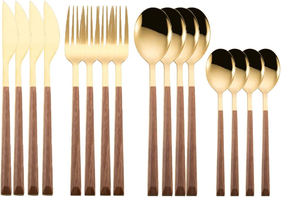 Silverware Flatware Cutlery Set, 16pcs Stainless Steel Imitation Wooden Marble Handle Cutlery Set Dinnerware Western Tableware Knife Fork Tea Spoon Silverware,Gold Black