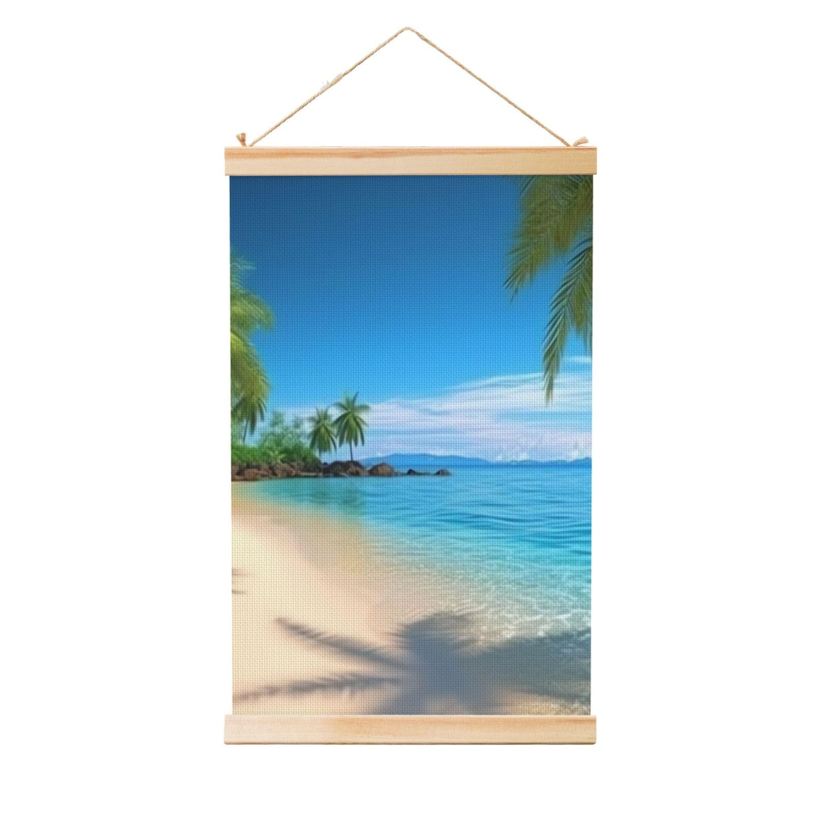 Hawaiian Beach with Palm Trees Poster Wooden Shaft Hanging Poster Wall Hanging Banner Canvas Artwork with Wood Frames 16"x24" Modern Artwork Decor Ready to Hang Wall Art for Home Decor Scroll Painting