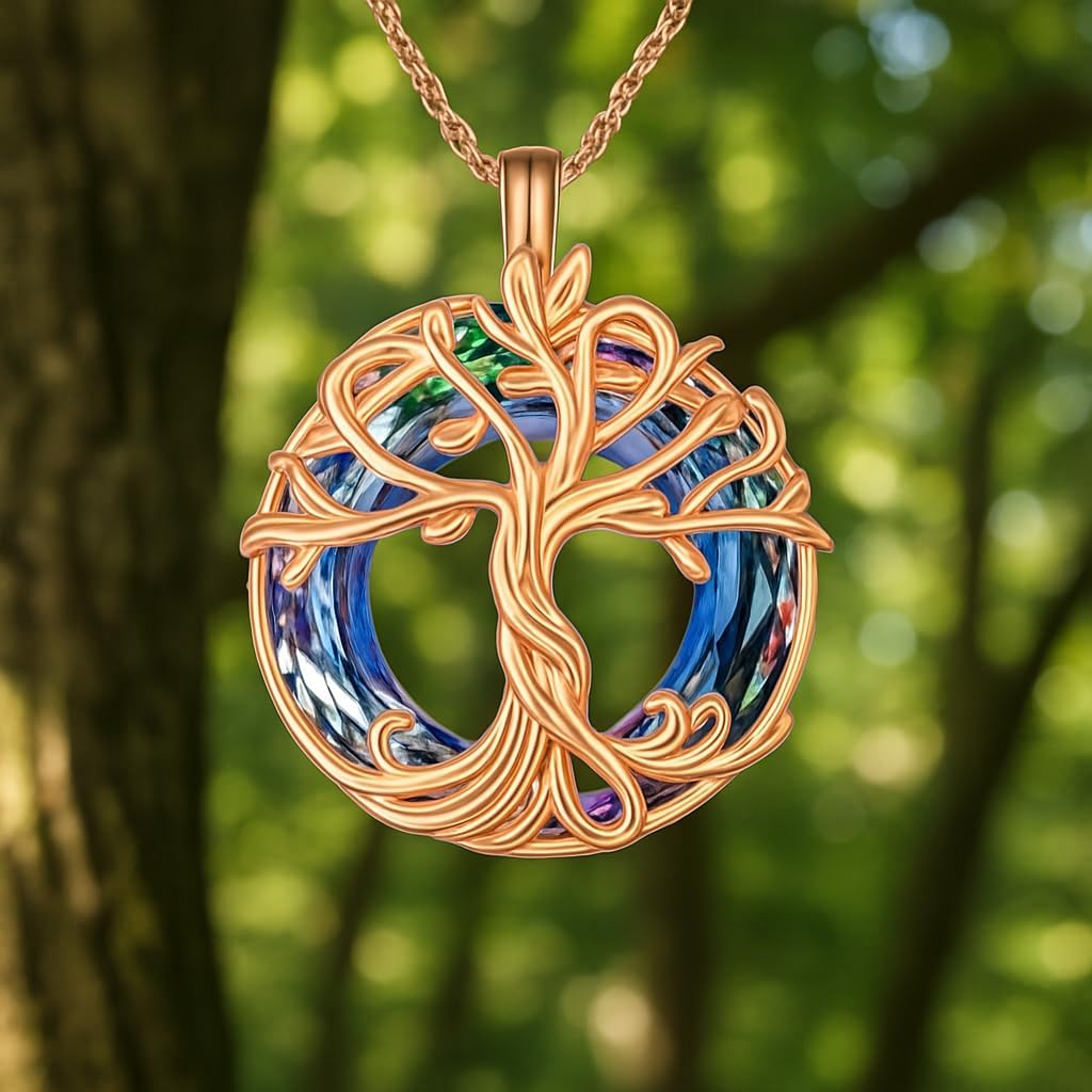SUPAC Tree of Life Swing, Sloth, Horse + Other Styles Pendant Necklace, Silver Chain, Crystal Rainbow Background - Gift for Friends