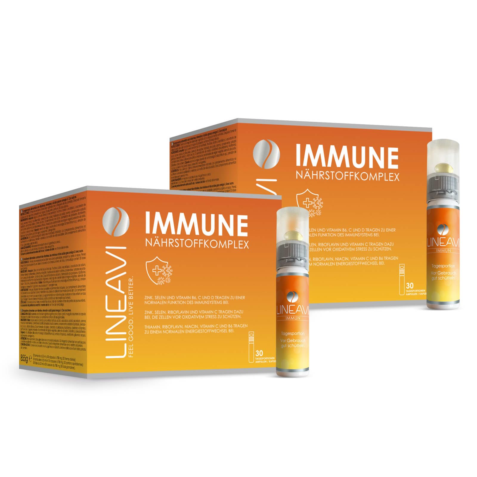 LINEAVI Immun, mit Vitaminen, Mineralstoffen und Omega-3-Fettsäuren, unterstützt das Immunsystem und den Energiestoffwechsel, in Deutschland hergestellt, 2x30 Trinkflaschen + Kapseln