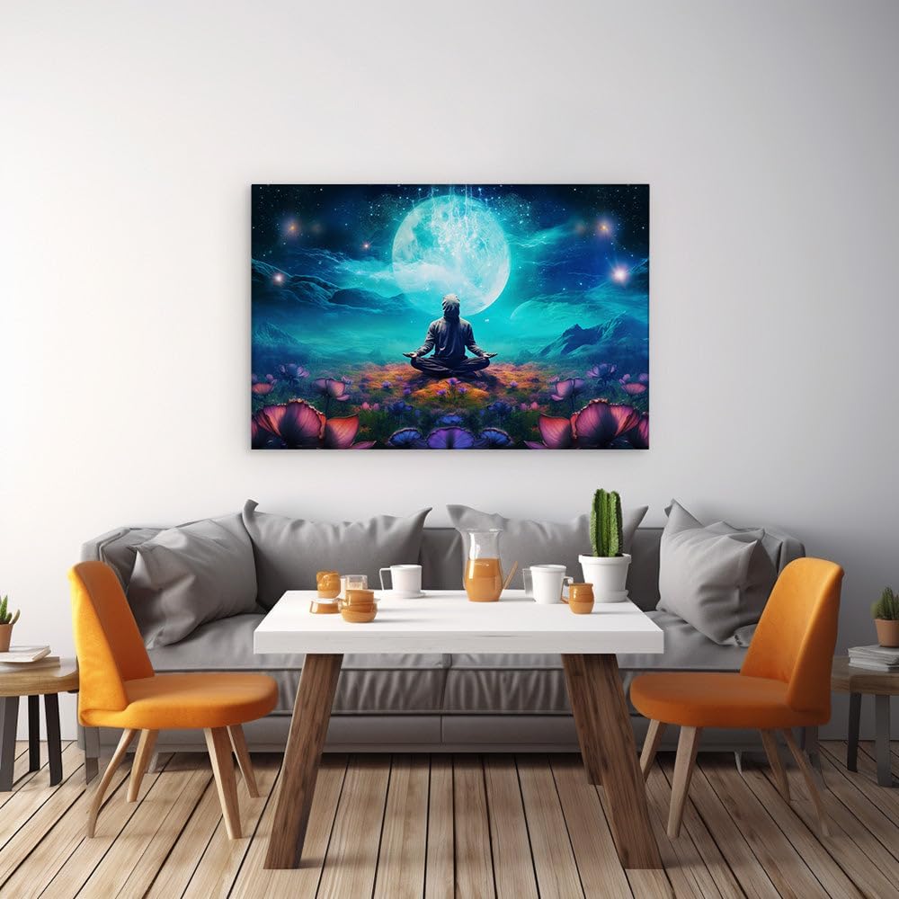 Canvas for Living room. Mystic Meditation Under a Starlit Sky A Serene Digital Art Journey, 27 x 18 inch Canvas Wall Art - Ready to Hang