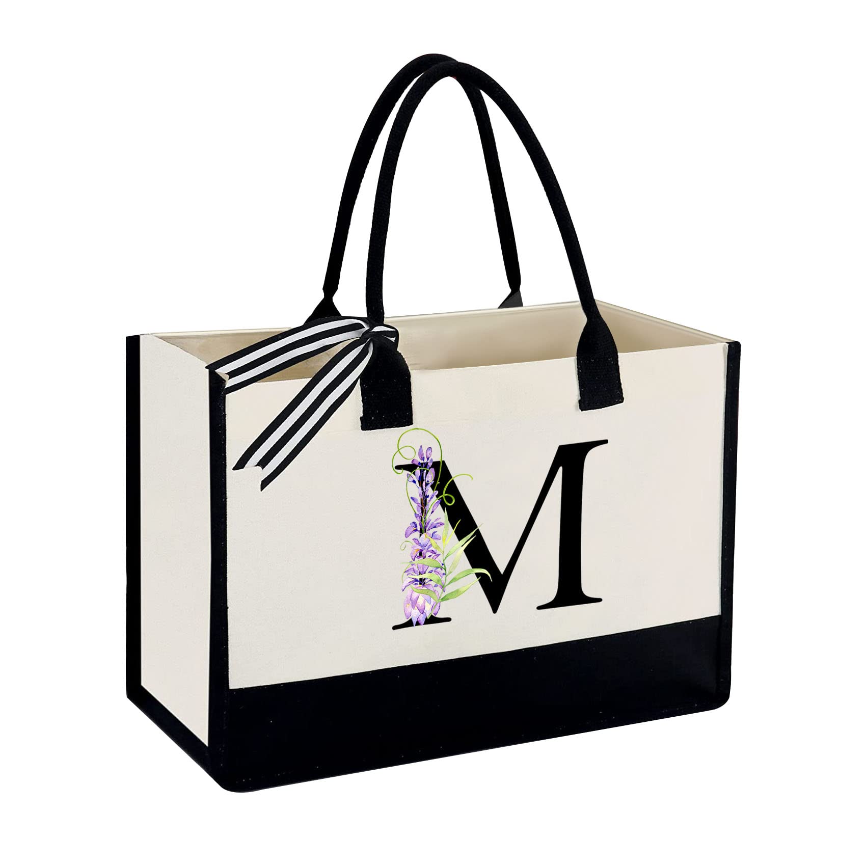S&H&OU Bolsas de mano con inicial floral personalizadas para madre y mujer Bolsas de mano personalizadas para playa Bolsa de lona para boda Novia Dama de honor Regalos Regalos de cumpleaños Profesor Regalos