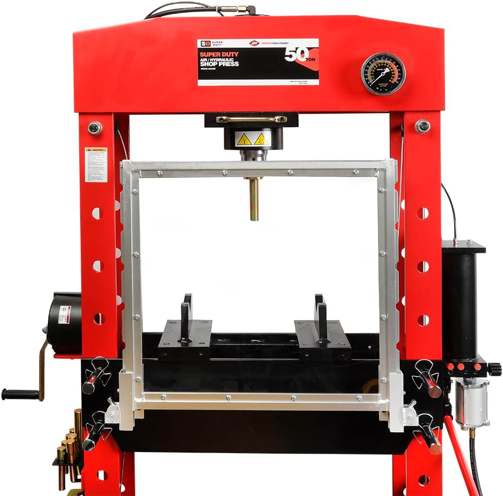 AFF 50 Ton Hydraulic Shop Press - Dual Air Motor, 7-Position Bed Height, Polycarbonate Shield - Super Duty (Multiple Capacities Available)
