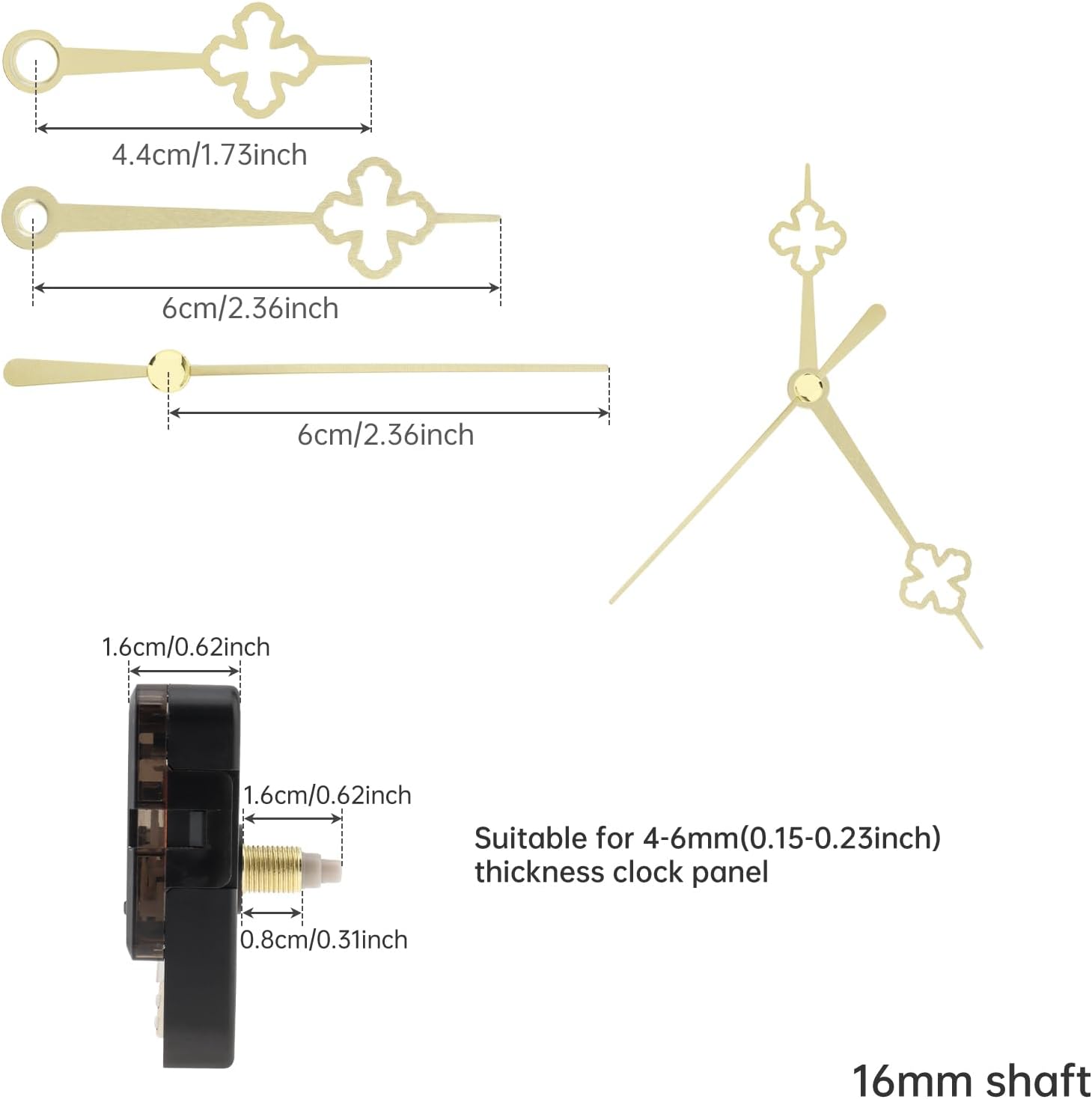 16mm Shaft Length Quartz Clock Movement Mechanism with 6cm Hands | 8mm thread length,4-6mm applicable panel thickness,5/16 inch thread length,5/8 inch Shaft Length