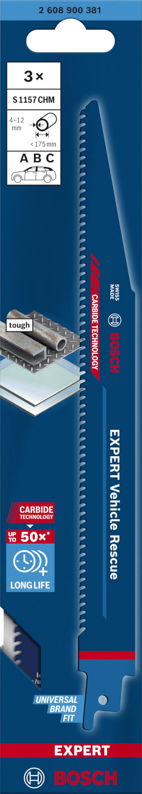 Bosch Professional 3x Expert ‘Vehicle Rescue’ S 1157 CHM Säbelsägeblatt (für Glas, Zäher Stahl, Länge 225 mm, Zubehör Säbelsäge)