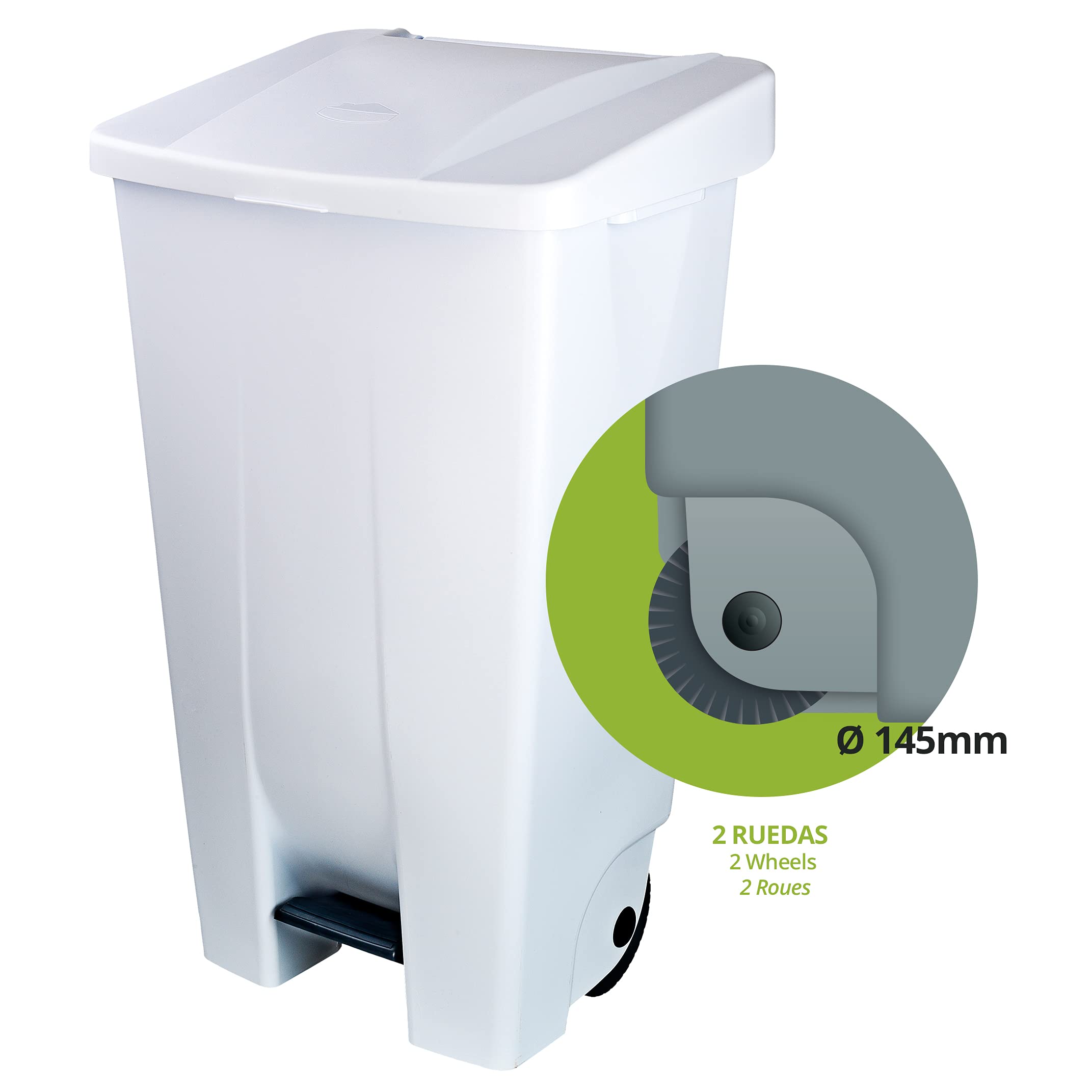 Conteneur sélectif à pédale 120 L Blanc – Poubelle sélective apte au contact alimentaire avec roues et poignée ergonomique, plastique résistant et facile à nettoyer | Denox