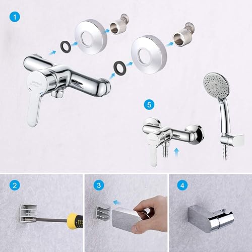 GRIFEMA Mitigeur de Douche Mural & Robinet Monocommande de Douche avec Flexible, Douchette 5 Jets, Support, Chromé, G12003 - 5