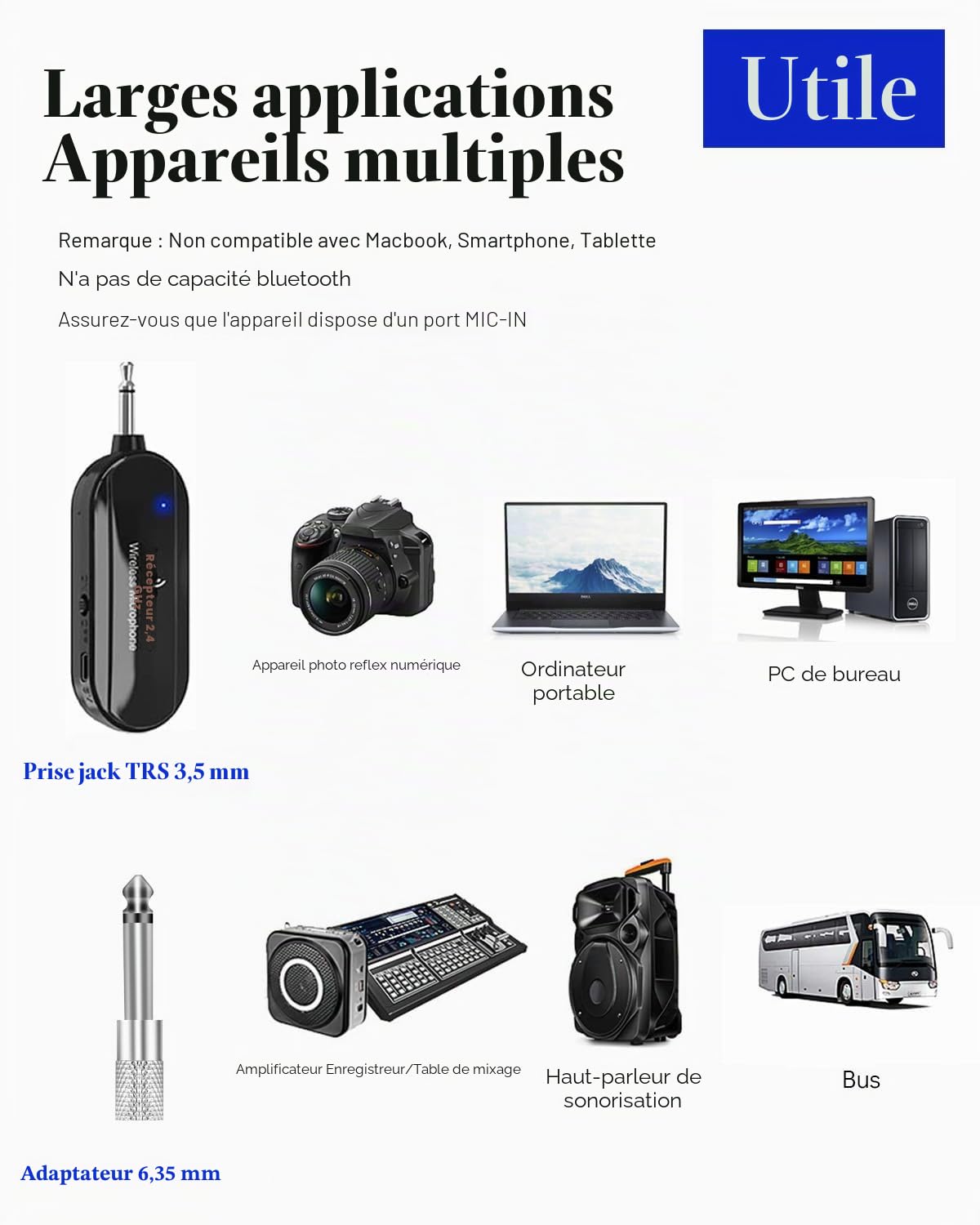 Microphone 2.4G Sans Fil, Casque pour Guide Touristique/Enseignement Discours, Transmission Sans Fil jusqu'à 50m