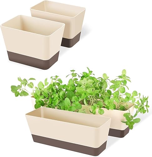 SUREAM Macetas de hierbas para interiores, paquete de 4 cajas de ventana con bandeja, modernas macetas de plástico para plantas suculentas para