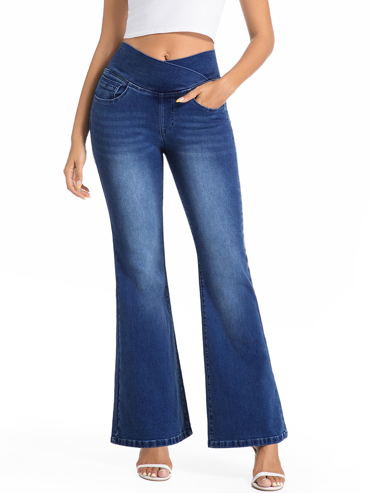 VX VONXURY Jeans Donna Vita Alta Pull On Svasati Modellante con Controllo Pancia Vita a V Bootcut Jeans Morbido Elastico