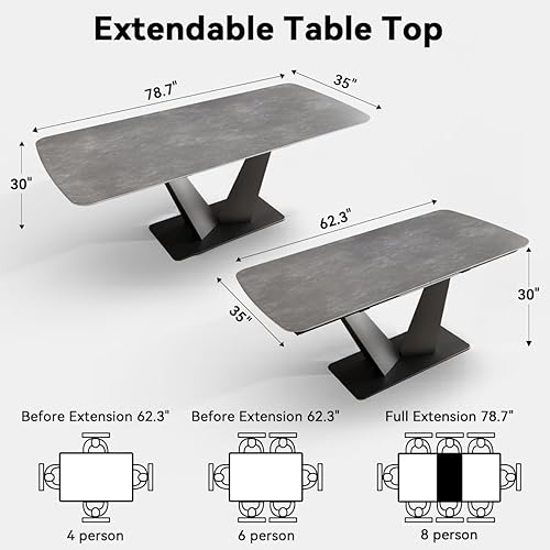 Miniatura 4 de Mesa de comedor extensible para 6-8 personas, moderna mesa de comedor rectangular con parte superior de piedra sinterizada y pedestal de acero al