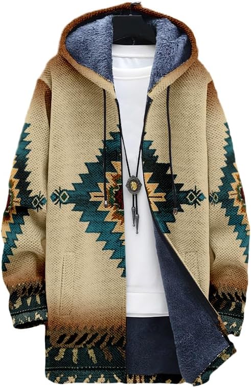 Men's Long Cardigan Hoodies Aztec Cowboys Hooded Jackets Zipper Western Fleece Winter Coats with Pockets
