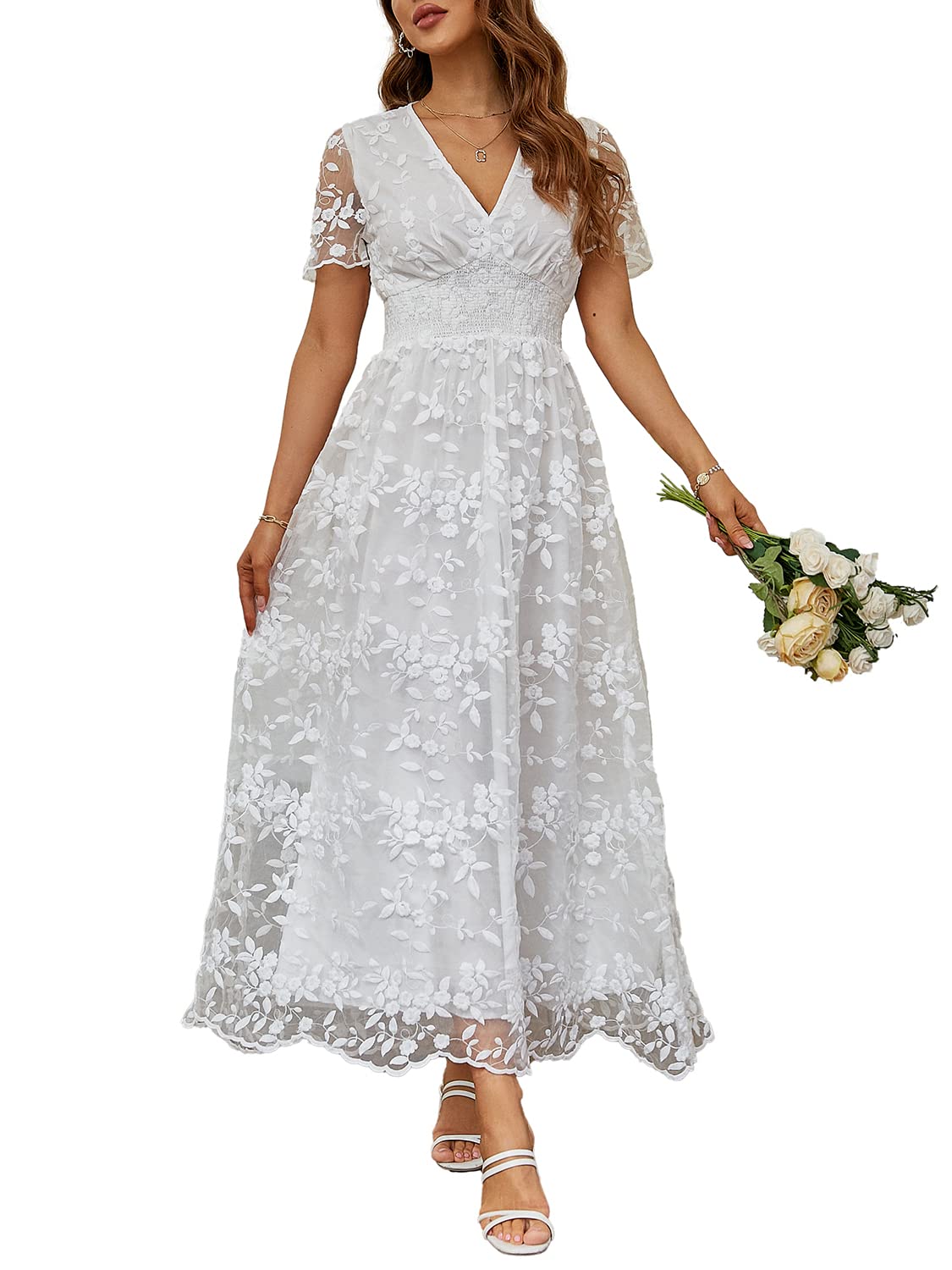 MiessialWomen's V-Neck Lace Floral Long Dress Embroidery Cocktail Wedding Guest Boho Maxi Dress