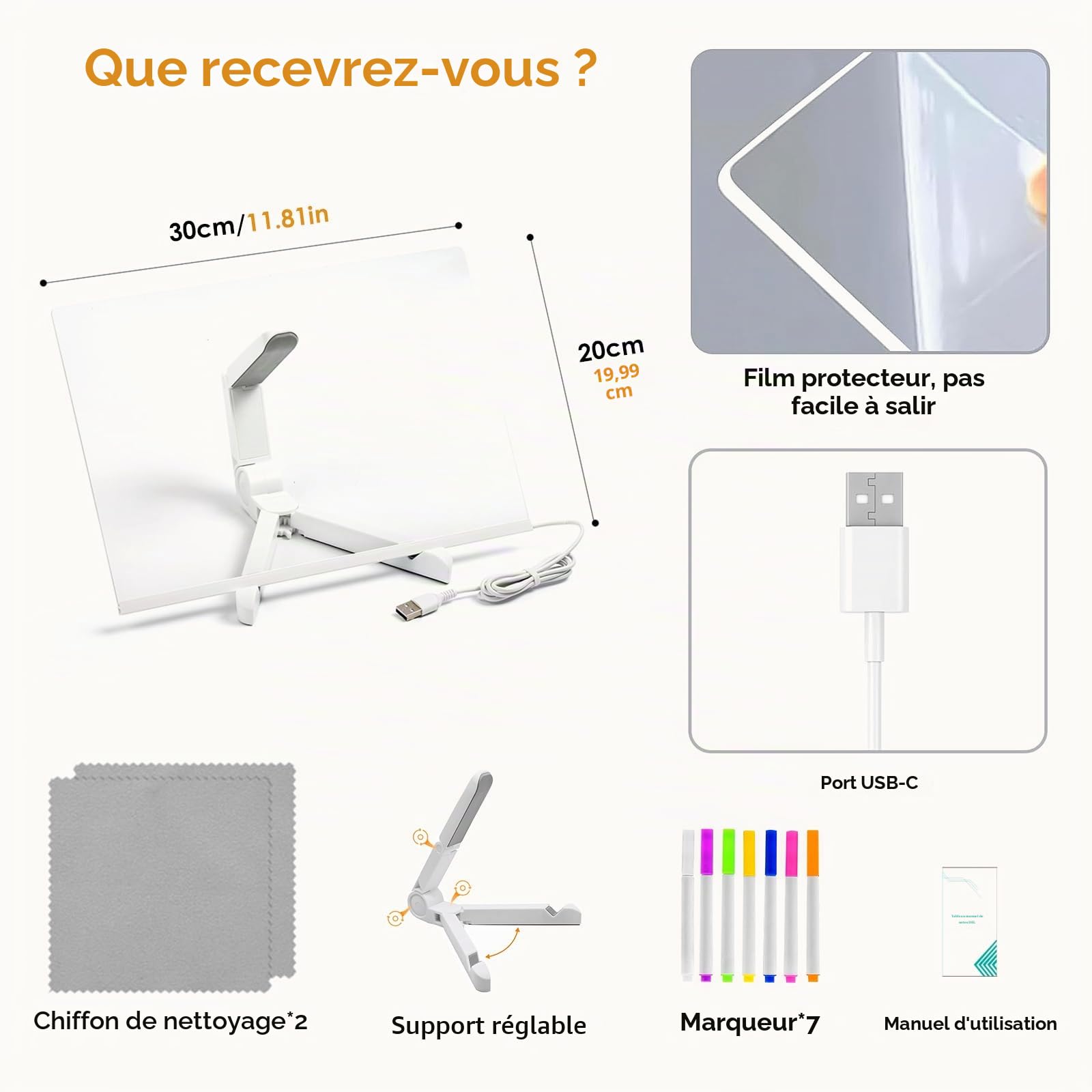 Tableau à dessin lumineux Message Effaçable LED, 20CM*30CM Tablette Lumineuse Dessin Avec Stylo 7 Couleurs et Support Réglable, Tableau Magique, Led Message Board,Tableau D'écriture