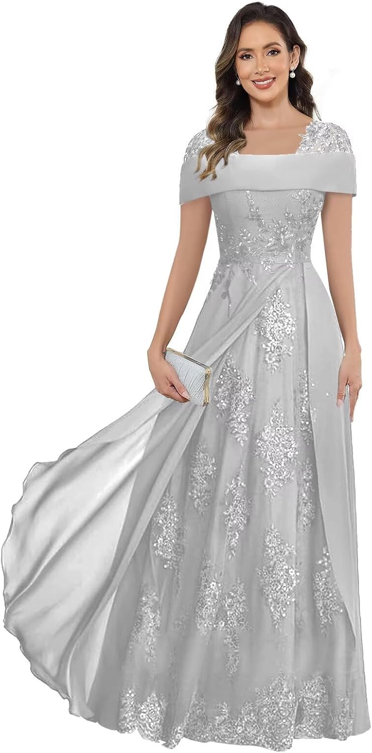 Lace Chiffon Mother of The Bride Dresses for Women Long A Line Cap Sleeves Formal Evening Gowns