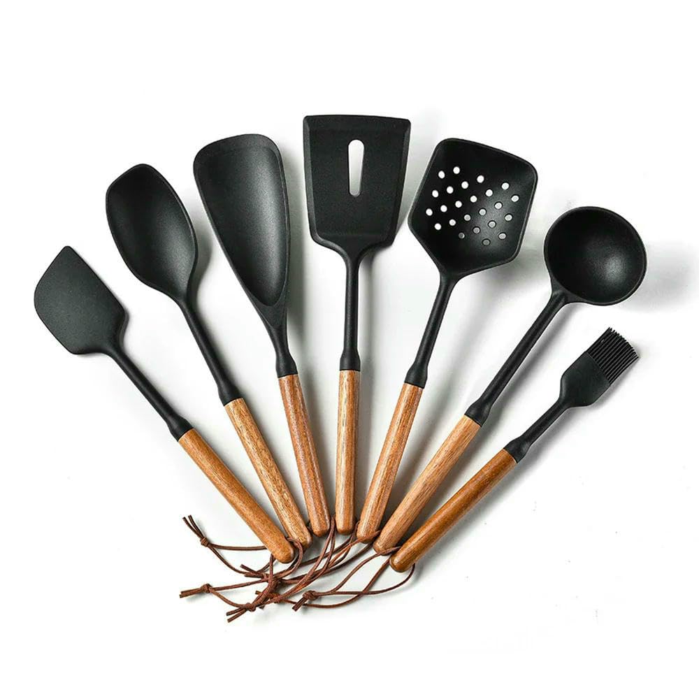 WLDMA Ustensiles de cuisine en silicone de qualité alimentaire Noir 1/7 pièces Spatule Cuillère Brosse à huile Outil de cuisine pratique Ustensiles de cuisine
