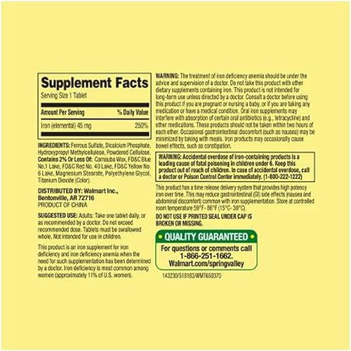Miniatura 3 de Spring Valley - Suplemento dietético de tabletas de hierro de liberación lenta, 45 mg, 30 unidades