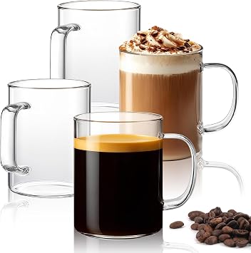 ComSaf 14oz Glass Coffee Mugs Set of 4, Clear Glass Coffee Cup with Big Handle, Large Borosilicate Glass Mug for Tea Milk or Hot Cold Beverages, Crystal Drinking Glass for Birthday Christmas Gift